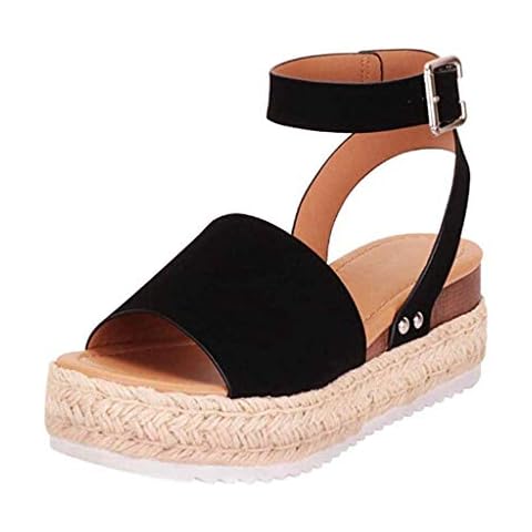 LINKAY Womens Ladies Sandals Low Wedge Summer Rubber Sole Studded Buckle Ankle Strap Open Toe Flip Flops Slippers Shoes (Black, 38) Cover