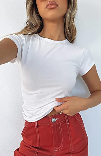 BAIGRAM Women’s Basic Slim fit Crop Top Tee Shirt Short Sleeve Workout Round Neck Cropped Tshirt