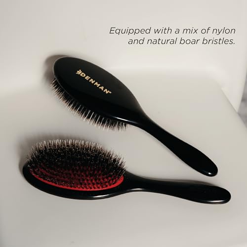 Denman Cushion Hair Brush (Medium) with Soft Nylon Quill Boar Bristles -Detangle and shine, adds gloss and shine to the hair, gently smooths and detangles curls and fly-aways – Black, D81M