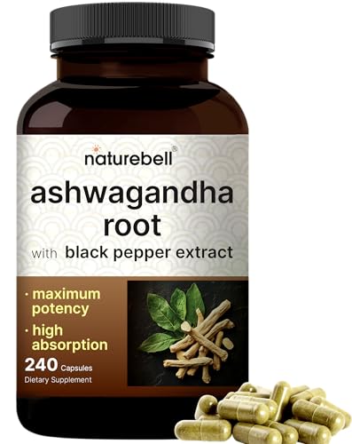 NatureBell Ashwagandha 12,500 mg Equivalent with Black Pepper, 240 Capsules | High Absorption Complex – Extra Strength 25:1 Root Extract – Adaptogens Supplements for Relaxation – Non-GMO