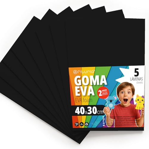 OFITURIA Moosgummi für Bastelarbeiten und Schulprojekte Farbiges Schaumstoff ideal für DIY Dekoration Scrapbooking und kreative Projekte 40x30cm (Schwarz 5 Stk)