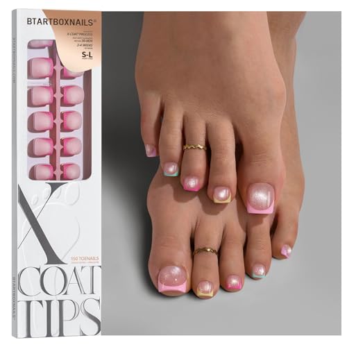 BTArtboxnails XCOATTIPS 5 Brighter Pastel French Press On Toenails for Women - Square Cat Eye Base 4-Week Wear Easy-to-Apply Soak Off Salon Quality Value at Home 15 Size - 150 Fake Nails