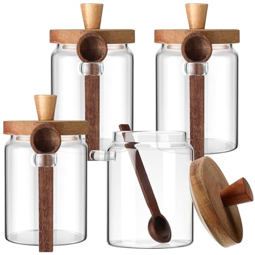 Remerry Set of 4 Glass Jar with Wooden Lid and Spoon, 20 oz Coffee Bean Tea Sugar Jar Set, Clear Airtight Spice Canisters Glass Food Storage Kitchen Containers for Coffee Bean Tea Sugar