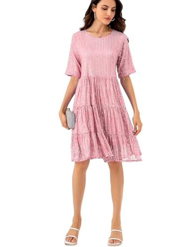 Sequin Babydoll Summer Dress，Sparkly Glitter Dress Short Flowy Tiered Tunic Dress for Women Party Club Night2