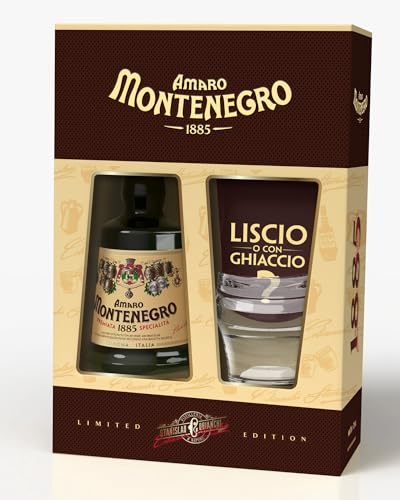 Amaro Montenegro 70cl Special Pack - Confezione regalo con un bicchiere. Liquore digestivo ottenuto da 40 erbe aromatiche. 23% vol.