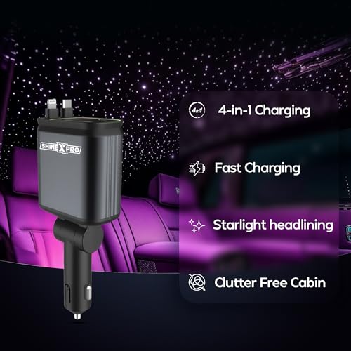 Image of ShineXPro Starlight Retractable Car Charger - Extra-Long Type-C Retractable Cables, 4-in-1 Car Mobile Charger with Starry Sky, 120W Car Fast Charger with Dual USB Port for Android & iOS Devices