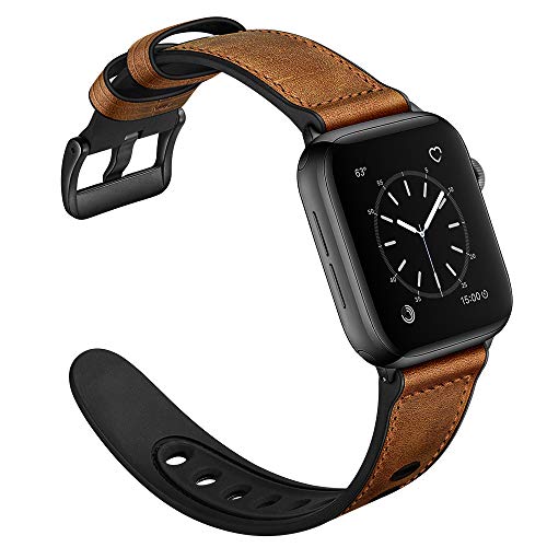 OUHENG Compatible with Apple Watch Band 42mm 41mm 40mm 38mm, Sweatproof Genuine Leather and Rubber Hybrid Bands Strap for iWatch Series 10 9 8 7 6 5 4 3 2 1 SE2 SE, Brown/Black