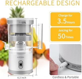 Electric Citrus Juicer, Rechargeable Juicer Machine with USB Cable and Cleaning Brush, Touch Button, Automatic Orange Lime Lemon Grapefruit Squeezer, Easy to Clean Portable Juicer, White