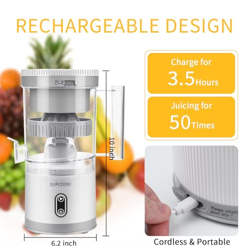 Electric Citrus Juicer, Rechargeable Juicer Machine with USB Cable and Cleaning Brush, Touch Button, Automatic Orange Lime Lemon Grapefruit Squeezer, Easy to Clean Portable Juicer, White