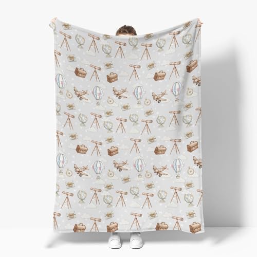 Image of Adventure Baby Blankets for Boy Girl Travel Planes Compass Luggage Globe Explore Soft Flannel Swaddle Receiving Blankets for Infant Toddler Crib Newborn Holiday Vacation Nursery Bed Blanket 60x80