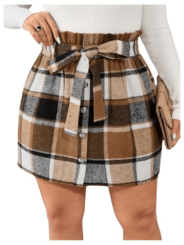 WDIRARA Women's Plus Size High Rise Plaid Skirts Button Up Belted Paperbag Waist Skirt