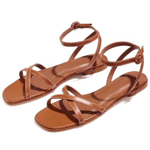 Flat Sandals for Women Open Square Toe Cross Strappy Slide Sandal Shoes Summer Slides with Buckle Ankle Strap