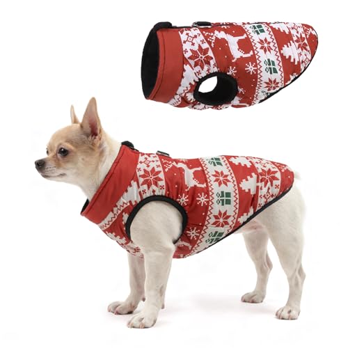 Image of SCENEREAL Christmas Winter Dog Vest Coat with Harness Built in | Cold Weather Coat with Zipper for Small dogs, Fleece Puffer Vest Windproof Snow Clothes