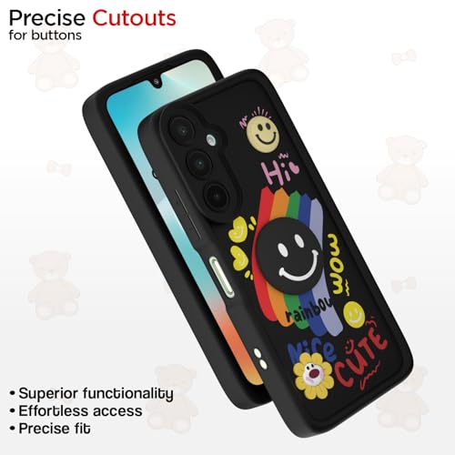 Image of Pikkme Back Cover for Samsung Galaxy M16 5G | Soft Silicone| Cute Rainbow Smile & 3D Cartoon Flower Design | Shockproof Raised Camera Protection Bumper Case (Black)