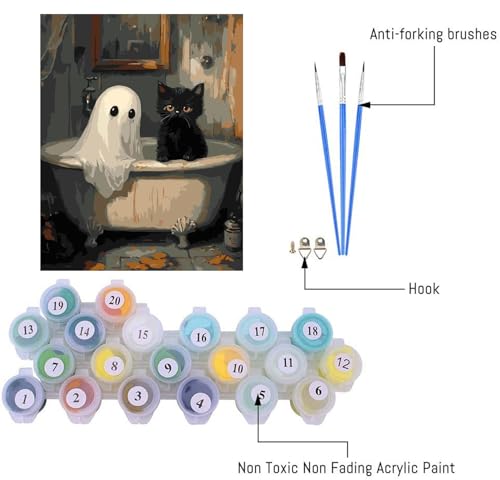 Image of Clendo Halloween Paint by Numbers Kit for Adults, Ghost Oil Painting by Numbers with Brushes, Black Cat Art and Crafts Canvas Kit for Beginner Home Decor 16x20 inch / 40x50 cm