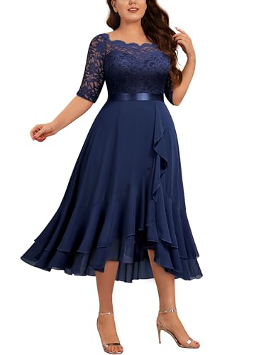 MISSMAY Women's Plus Size Floral Lace Boat Neck Ruffle Hem Chiffon Cocktail Party Sewing Dress