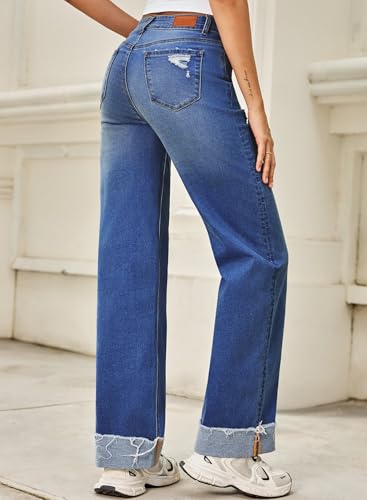 Sidefeel Women's Jeans High Waisted Stretchy Wide Leg Distressed Straight Leg Folded Hem Loose Denim Pants Bluing Size 14 — view 2