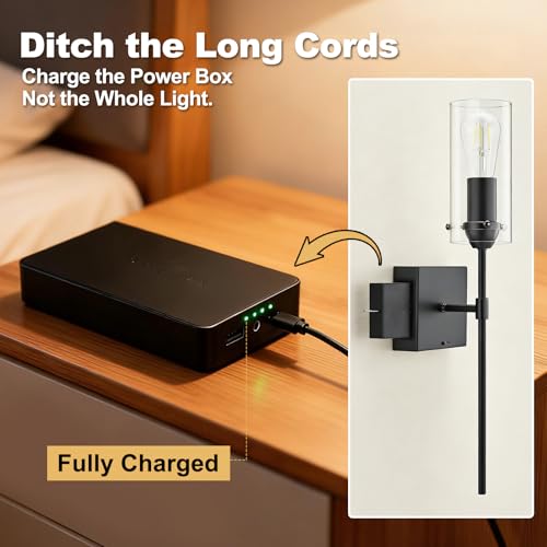 Image of Battery Operated Wall Sconce Glass Wireless Sconce Set of 2 Black | Wall Sconces Rechargeable with Remote Control Dimmable Wall Light for Bedroom Living Room Hallway Entryway, 3000-6500K