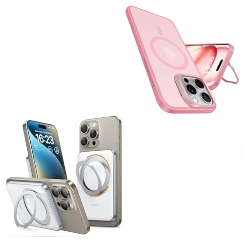 TORRAS Lstand iPhone 15 Pro Max Case Pink & Magsafe Power Bank White