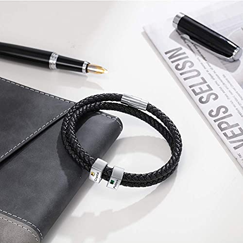 Lanm Personalized Mens Braid Leather Bracelets Black Braided Wrist Bracelet Custom Names With 2-5 Simulated Birthstone Bracelets For Father Boyfriend Friends Son Father Day Gifts From Wife #TOP5