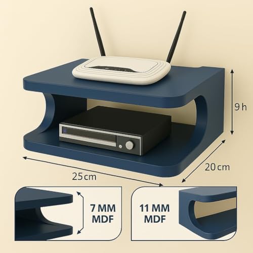 Image of Wall Shelf for WiFi Router & Set Top Box MDF Floating Wall Mount Shelf for Living Room Bedroom Office | Cable Management Organizer Rack for Modem DTH Gaming Console Storage | Blue