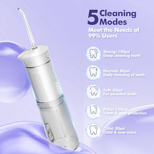 Image of Bezvoi Mini Portable Water Flosser for Travel, 5 Modes Dental Floss, 6 Tips