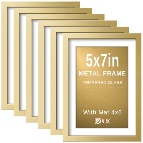 Image of VCK 5x7 Picture Frame Gold Metal, Real Glass, 4x6 Mat, Set of 6, for Print