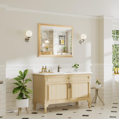 Image of 40x32 Inch Bathroom Mirror for Wall, Anti-Rust Oak Wood Grain Metal Framed Bathroom Mirrors for Over Sink,Rectangler Mirrors for Bathroom Vanity, Farmhouse, Bedroom, Living Room, Entryway Decor