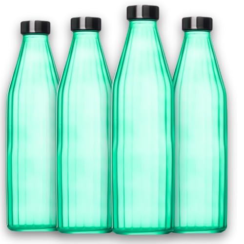 Image of SAND DUNE TorquiseColour Glass water bottle, 800 ml Each, Set of 4, with Leak-Proof Airtight Stainless-Steel Lid for Water, Smoothie, Juices - Reusable Travel Glass Drinking Fridge Bottles