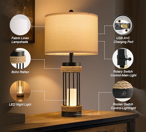 Image of OYEARS 25 inch Table Lamps Set of 2 with Night Light, Rustic Bedside Lamps with USB C+A Charging Ports, Black Metal Lamp with Rope Accent and Frosted Glass, Farmhouse Lamps for Living Room Bedroom