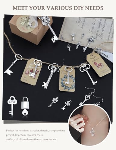 JIALEEY Silver Skeleton Keys Charms, 80PCS Wholesale Bulk Lots Mixed Antique Castle Dungeon Pirate victorian Filigree Heart Royal Keys