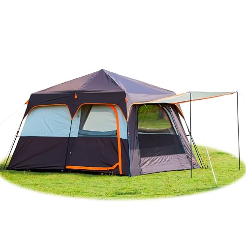 KTT Instant Tent 6-8 Person C,Large Family Cabin Tents,Automatic Tent Build Quickly in 60S,2 Rooms,2 Top Windows,3 Doors and 3 Windows with Mesh,Waterproof,Big Tents for Outdoor,Picnic,Camping(Brown)