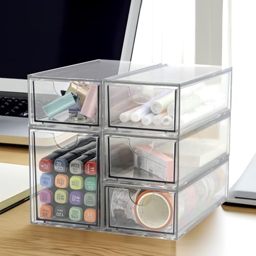 Image of Acrylic Makeup Organizer, Clear Storage Organizer Desktop Stackable Storage Drawers, Plastic Organizer Bins for Makeup, Stationery, Cosmetics, Vanity, Bathroom,Cabinet,Pantry Office Desk (5 Drawers)