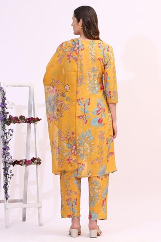 Image of W for Woman Reef Blue Floral Printed Modal Straight Kurta, Pants and Dupatta Set