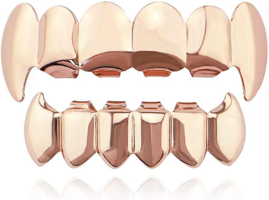 Psivika Gold Plated Shiny Hip Hop Teeth Grillz Caps Iced Out CZ Top and Bottom Vampire Fangs Grillz for Men and Women