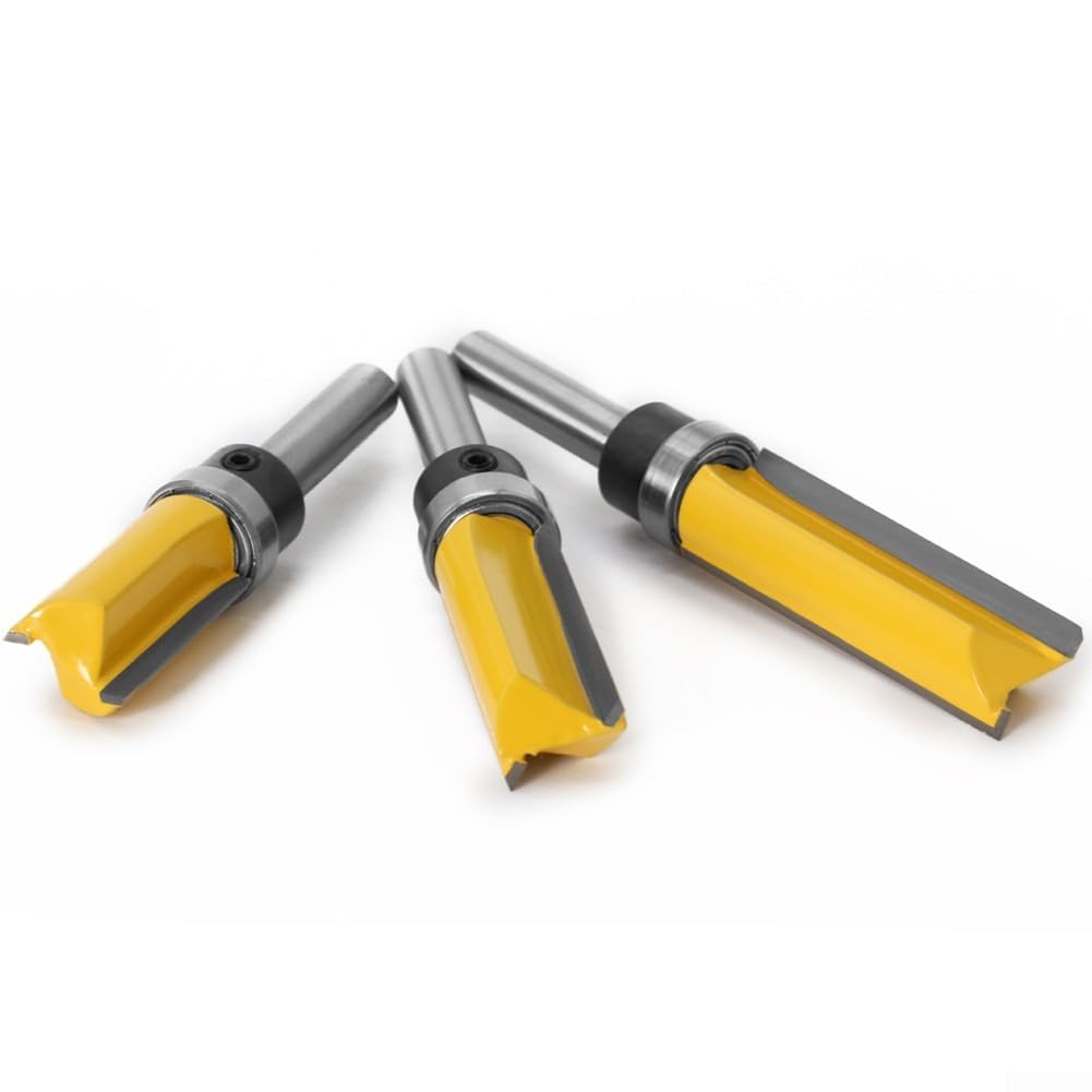 8 mm Schaft, bündiger Fräser mit Lager, Hartmetall-Schablonen-Fräser für Holzbearbeitung, 5/8-Zoll-Klinge, oberes und unteres Lager-Design für Schubladenherstellung (3 Stück)
