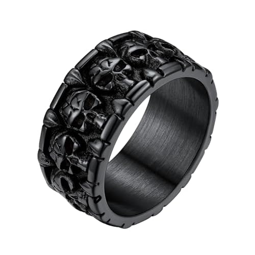 ChainsHouse Skull Rings for Men, Stainless Steel/Black Plated Gothic Rings, Skeleton Cocktail Party Biker Ring, Offer Custom Service, Size 7-14, Send Gift Box A: black-No Custom 14