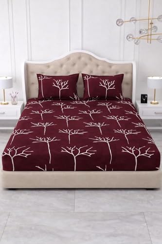 Image of 300 TC Cotton Feel Glace Cotton Elastic Fitted Bedsheet for King Size Double Bed | Fits up to 8 Inch Mattress | Printed Bedsheet with 2 Pillow Covers (Maroon Tree, Queen Size - 60 inchx78 inch)
