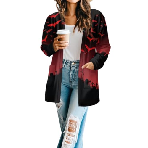 Image of Forchrinse Red Ladybug Cardigan for Women Causal Long Sleeve Open Front Cardigans Sweater Fashion 2024 Fall Coat with Pockets