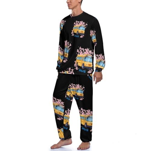 School Bus Floral Mens Pajama Set Soft Long Sleeve Sleepwear Lounge Set Pjs2