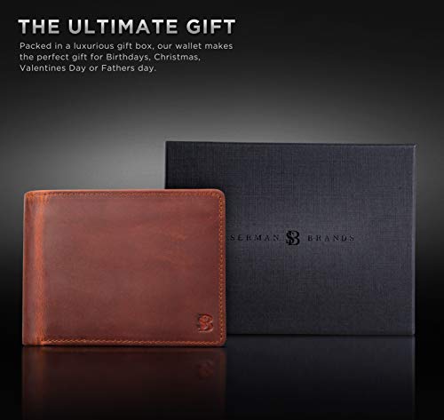SERMAN BRANDS 2 ID Window Wallet for Men RFID Blocking Leather, Bifold Top Flip, Extra Capacity Travel Wallet