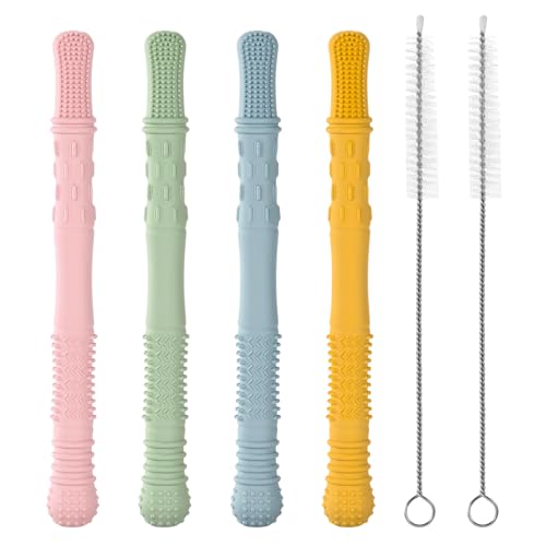 Image of Baby Teething Tubes Teether Sticks, 4 Pack Silicone Hollow Teething Sticks for Babies 6-12 Months Infant Teething Relief Chew Tubes Toddler Teething Straws Baby Gifts Teethers for Kids Girls Boys
