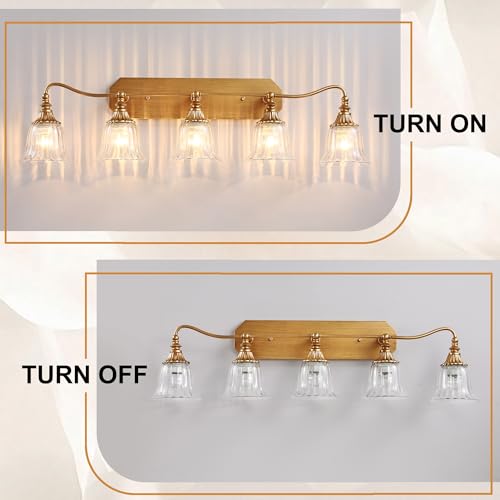 Image of LmnLvn Brushed Gold 5-Light Bathroom Light Fixture, Crystal Glass Shade