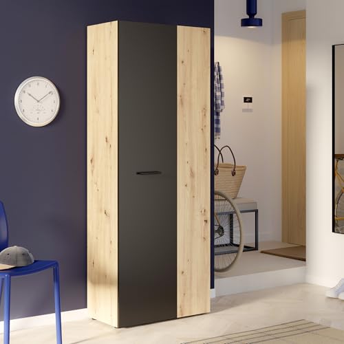 FORTE NET106 Schrank 70, Schuhschrank, Garderobenschrank, Abstellraum, Drehtürenschrank, 2-türig mit Einlegeböden, Schwarz mit Holzdekor: Artisan Eiche, 68,7 cm breit x 181,1 cm hoch x 36,5 cm tief