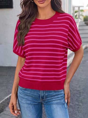 Image of Saodimallsu Women's Short Sleeve Crew Neck Knit Pullover Sweater | Casual Basic, Crew Neck, Loose Knit Pullover, Summer Lightweight
