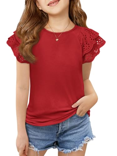 Image of Haloumoning Girls Ruffle Sleeve T Shirts Summer Short Sleeve Casual Cute Crewneck Tops Tees 5-14 Years
