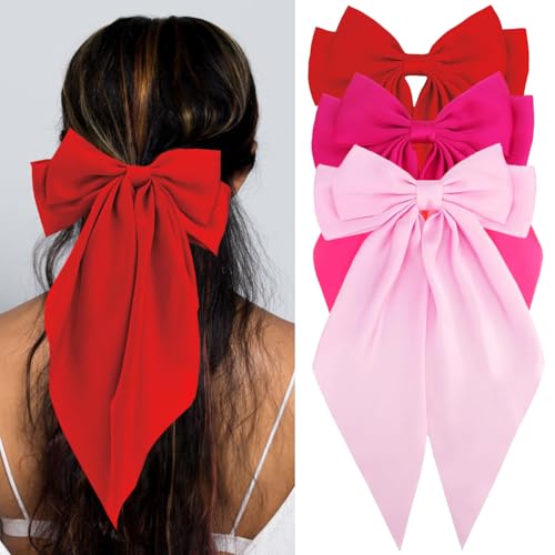 Silky Satin Hair Bows, Oversized Long Tail Bows with Barrette Clips, Coquette Hair Accessories for Women and Girls (Red Hot Pink Light Pink)