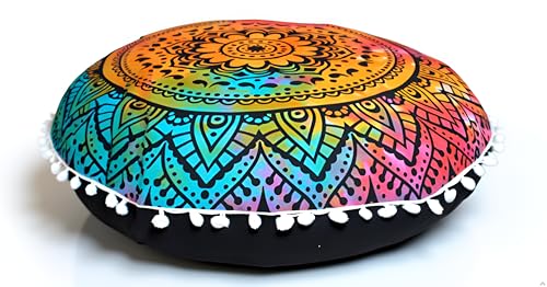Round Mandala Floor Pillow Cover Seating Cushion Throw Cover Hippie Decorative Bohemian Ottoman Pouf Cover, Pom Pom Pillow Cases,Boho Indian 22 Inches (Multi Flower)