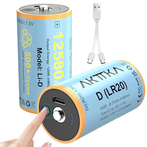 AKTTKA   Pilas de litio D recargables, 12580 mWh   Batería de iones de litio recargable con cable de carga USB C 2 en 1, pilas D 1,5 V para juguetes de proyector, calefactor, cocina de gas