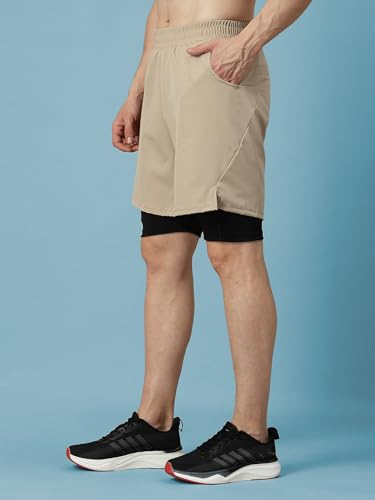 Image of CHKOKKO Double Layered Gym Shorts for Men Workout | Compression Inner Layer with Pockets Across Inner Outer and Back | Dry Fit Sports Athletic wear for Running Jogging or Training